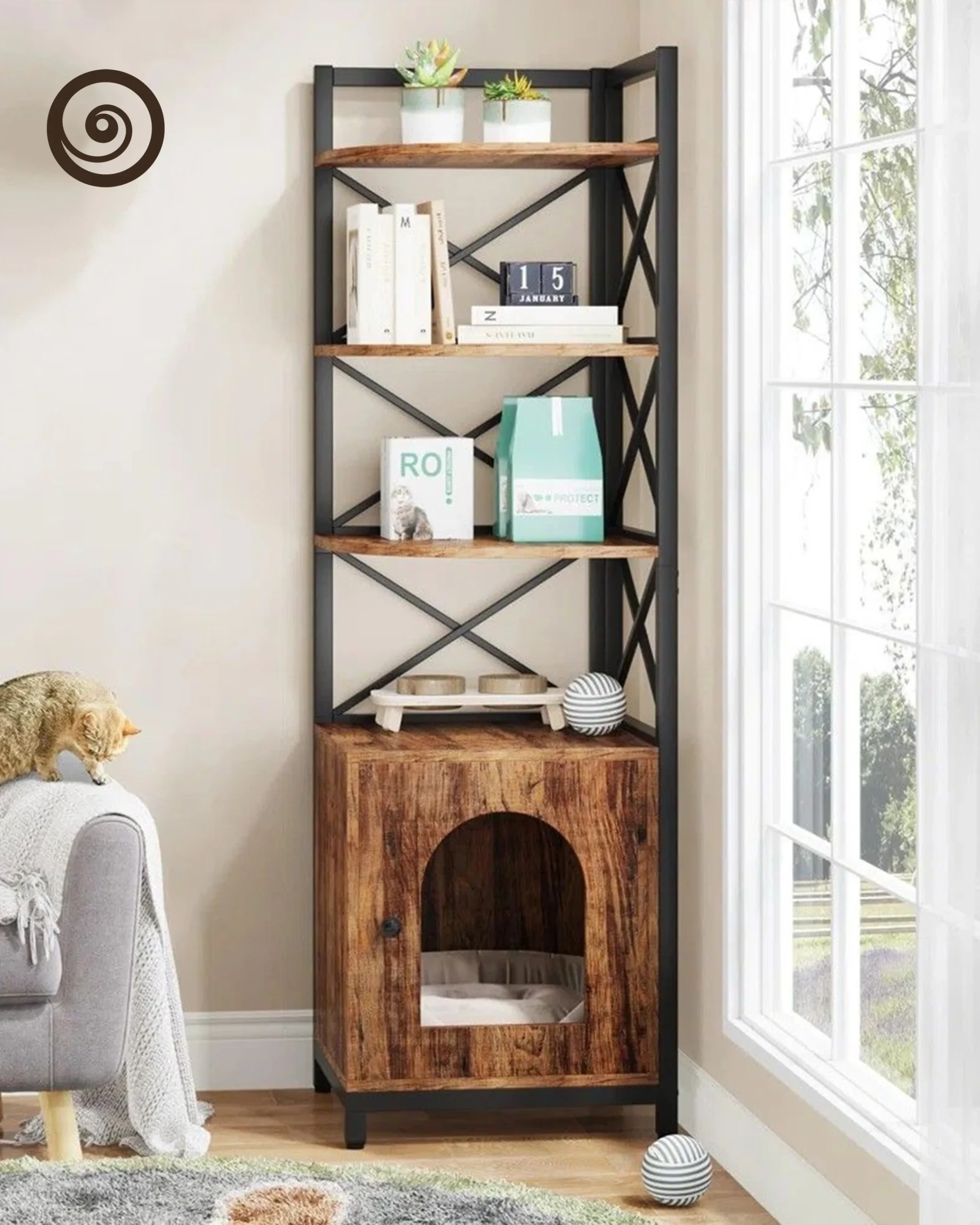 Oakly Rustic Industrial Cat House Bookshelf